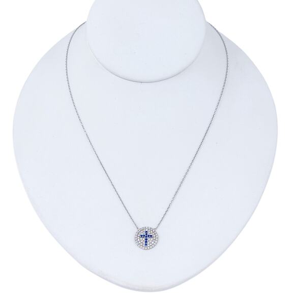 Blue Cubic Zirconia Cross Necklace | Vintage Sterling Silver 925 16”-18” - Picture 3 of 9